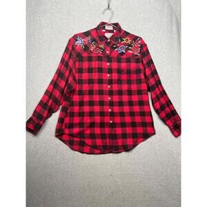 Vintage Carol Horn Flannel Button Up Shirt Womens M Western Plaid Embroidered